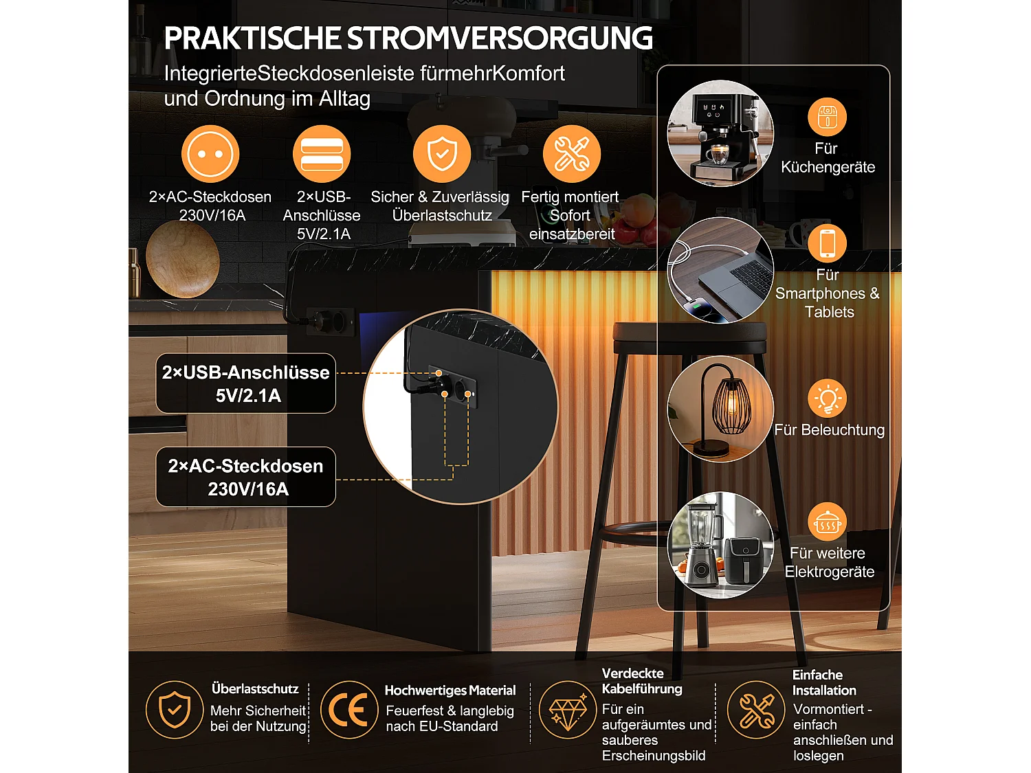 Køkkenø med sort marmorlook - LED-belysning, 2 x 220V strømudtag + 2 USB-porte - 155 x 80 x 90 cm - MDF - Sort