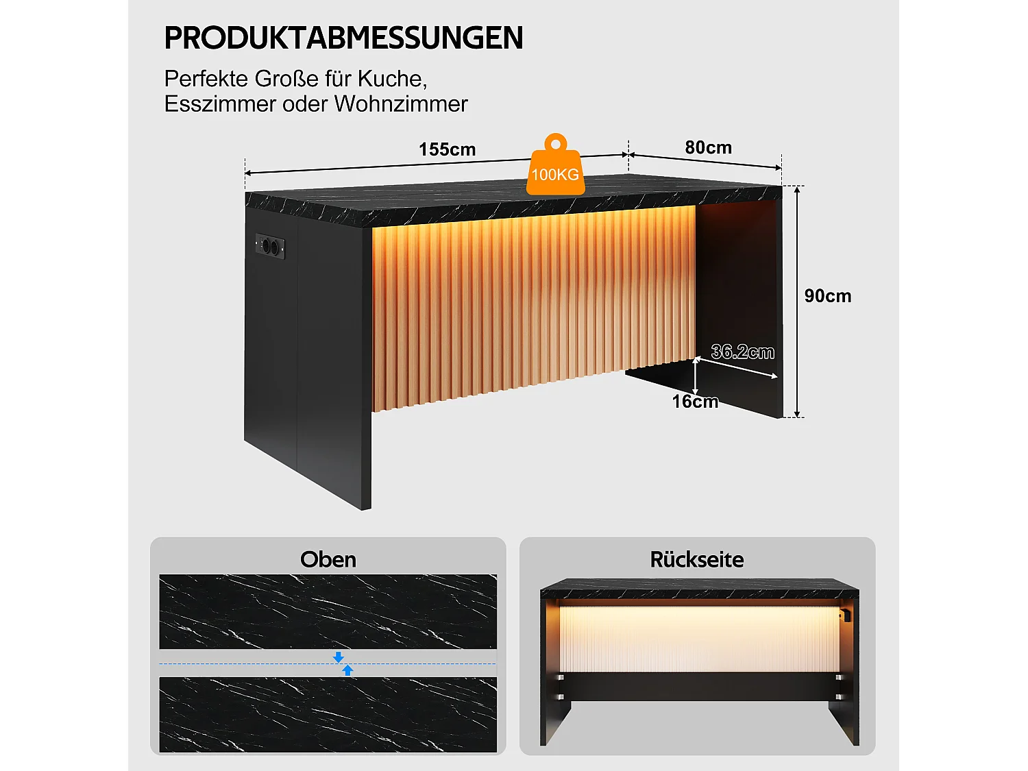 Køkkenø med sort marmorlook - LED-belysning, 2 x 220V strømudtag + 2 USB-porte - 155 x 80 x 90 cm - MDF - Sort