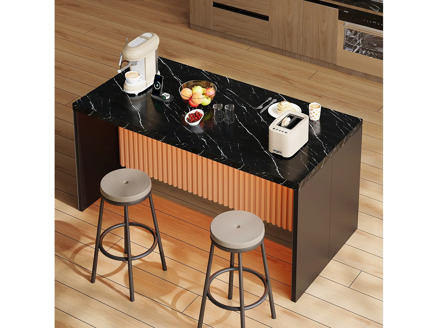 Køkkenø med sort marmorlook - LED-belysning, 2 x 220V strømudtag + 2 USB-porte - 155 x 80 x 90 cm - MDF - Sort