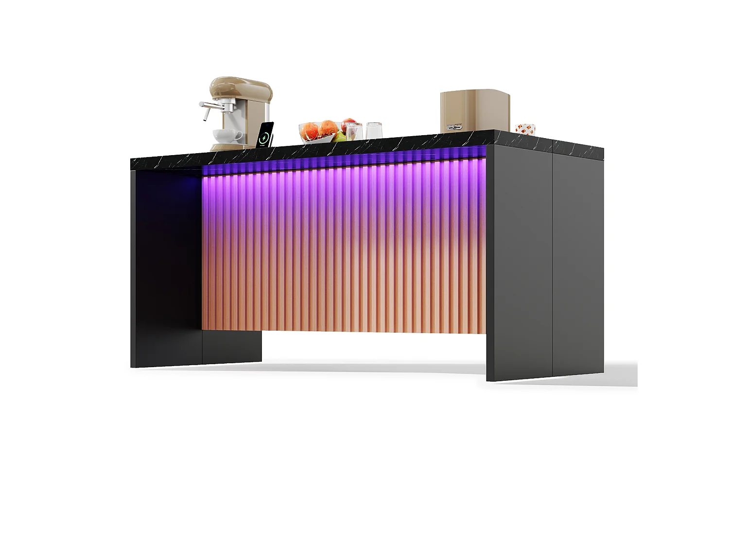 Køkkenø med sort marmorlook - LED-belysning, 2 x 220V strømudtag + 2 USB-porte - 155 x 80 x 90 cm - MDF - Sort