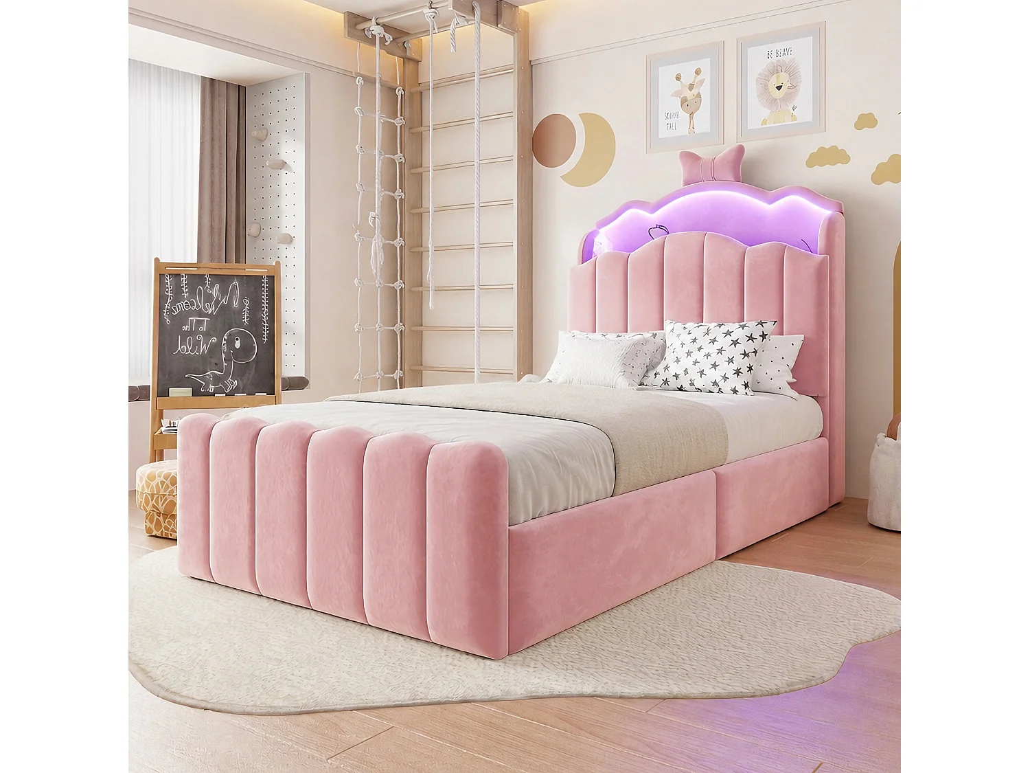 Lit coffre 90 x 200 cm avec tête de lit ouvrante, ports USB & USB-C, LED - Velours + MDF + métal - Rose (Sans matelas)