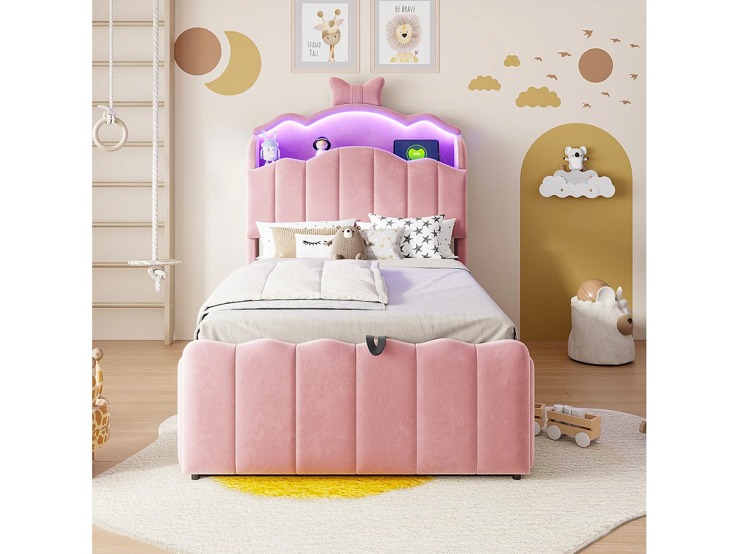 Lit coffre 90 x 200 cm avec tête de lit ouvrante, ports USB & USB-C, LED - Velours + MDF + métal - Rose (Sans matelas)