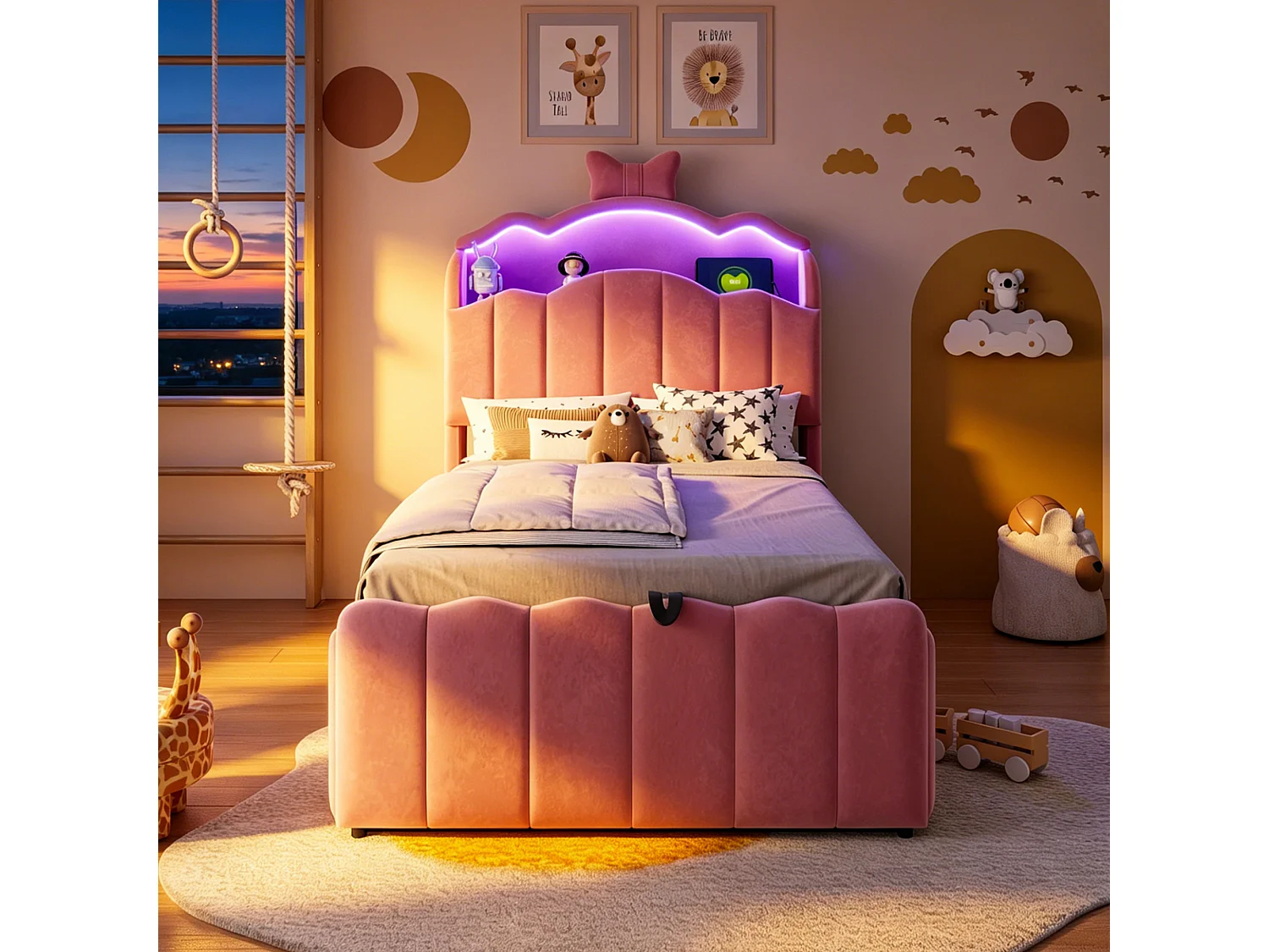 Lit coffre 90 x 200 cm avec tête de lit ouvrante, ports USB & USB-C, LED - Velours + MDF + métal - Rose (Sans matelas)