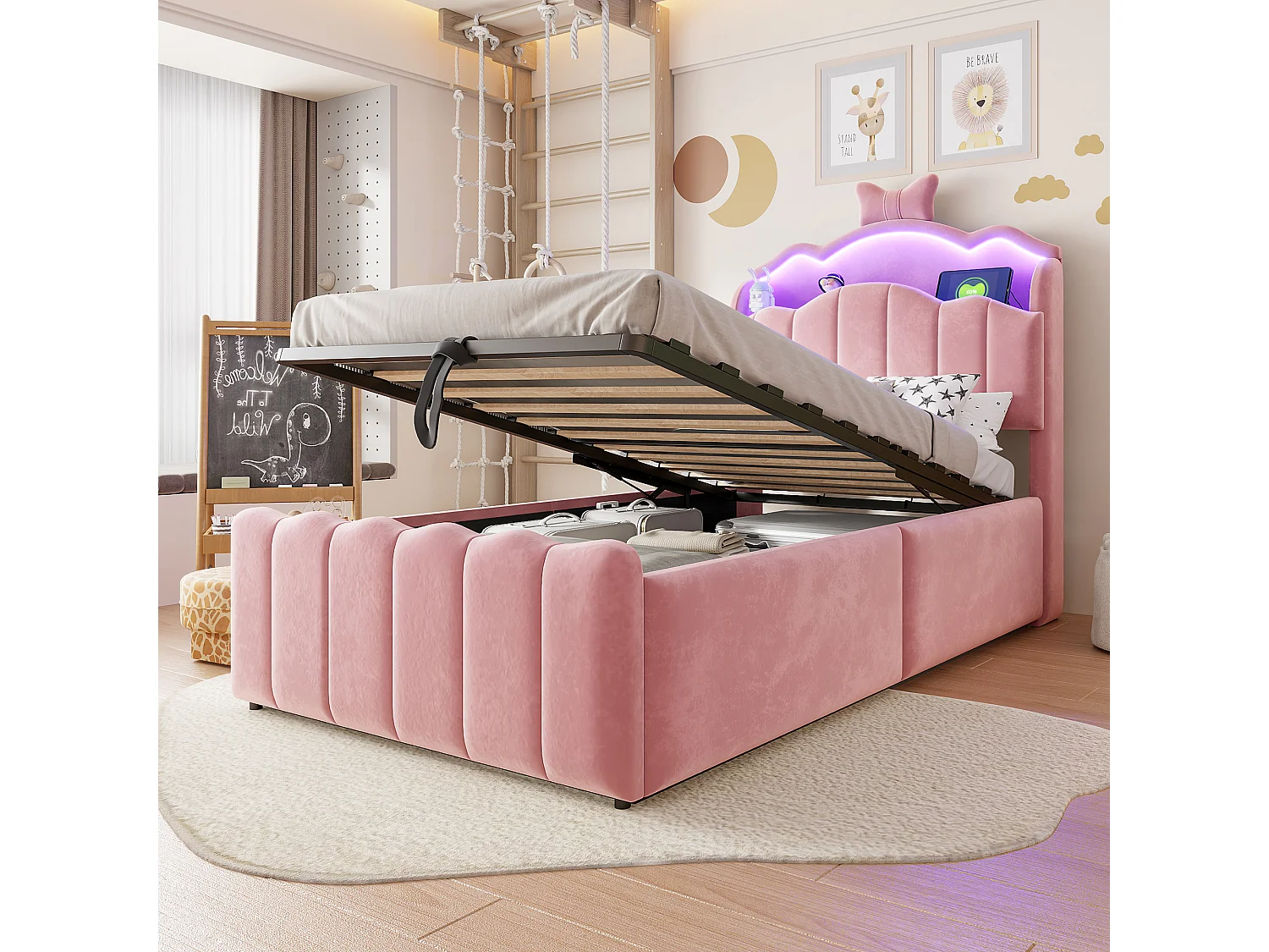 Lit coffre 90 x 200 cm avec tête de lit ouvrante, ports USB & USB-C, LED - Velours + MDF + métal - Rose (Sans matelas)
