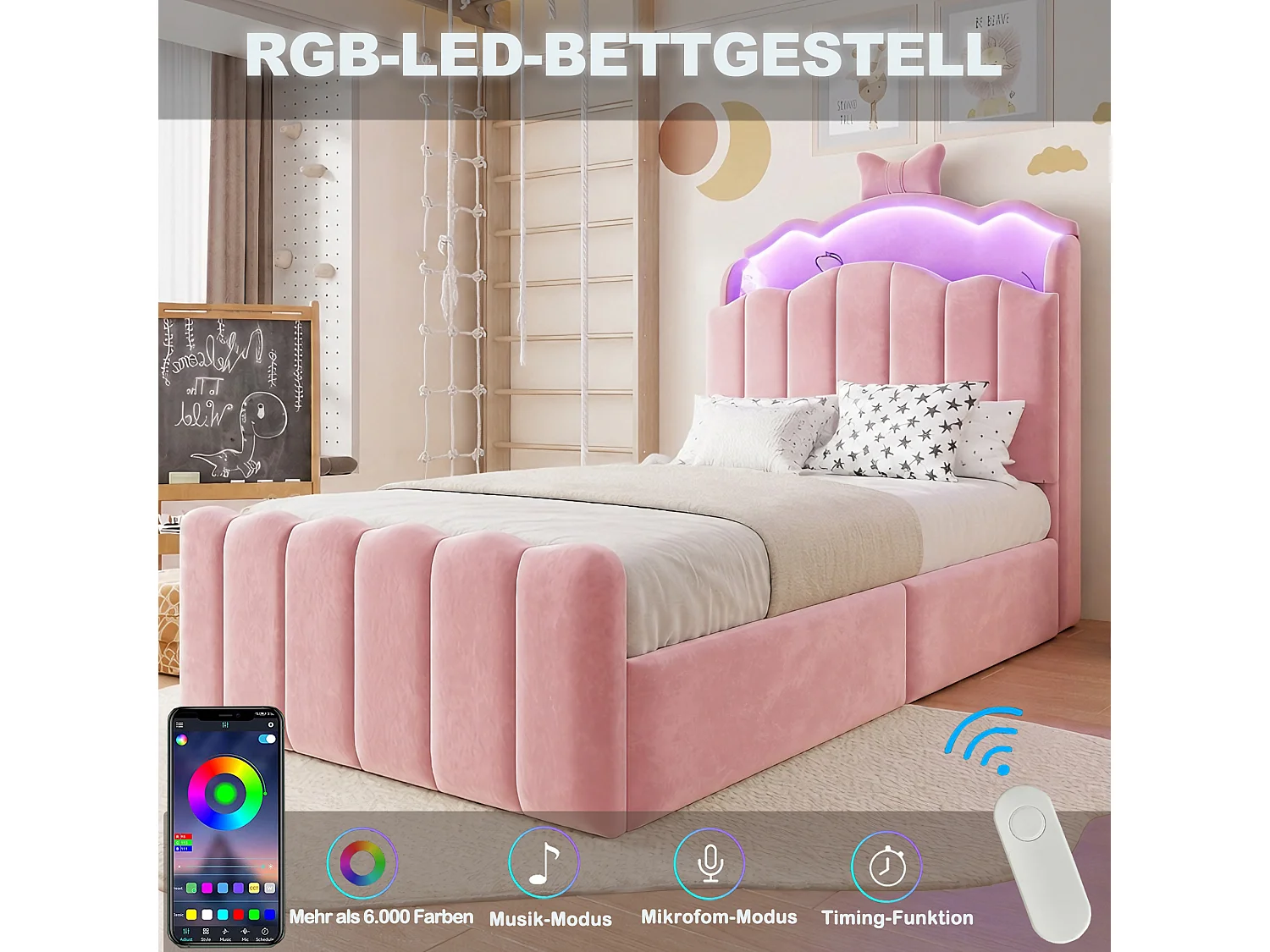 Lit coffre 90 x 200 cm avec tête de lit ouvrante, ports USB & USB-C, LED - Velours + MDF + métal - Rose (Sans matelas)