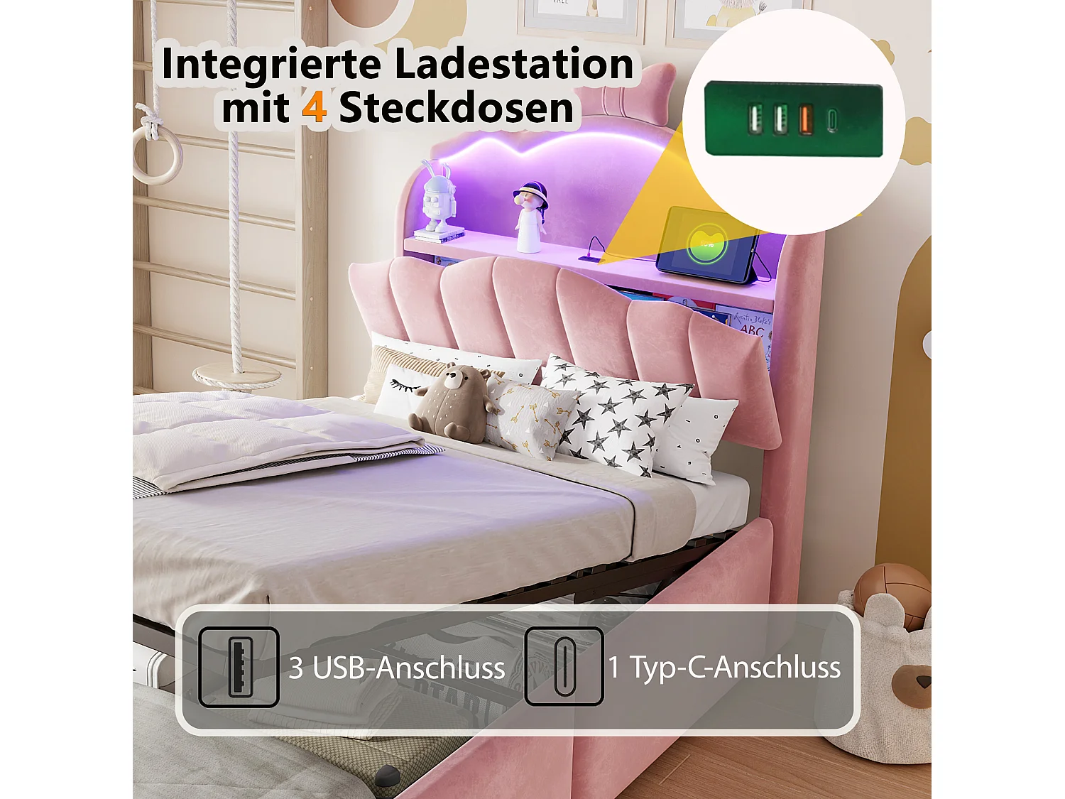 Lit coffre 90 x 200 cm avec tête de lit ouvrante, ports USB & USB-C, LED - Velours + MDF + métal - Rose (Sans matelas)