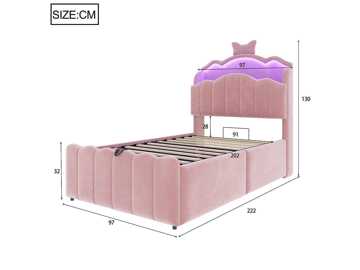Lit coffre 90 x 200 cm avec tête de lit ouvrante, ports USB & USB-C, LED - Velours + MDF + métal - Rose (Sans matelas)