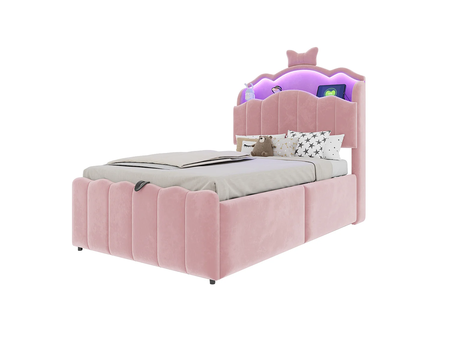 Lit coffre 90 x 200 cm avec tête de lit ouvrante, ports USB & USB-C, LED - Velours + MDF + métal - Rose (Sans matelas)