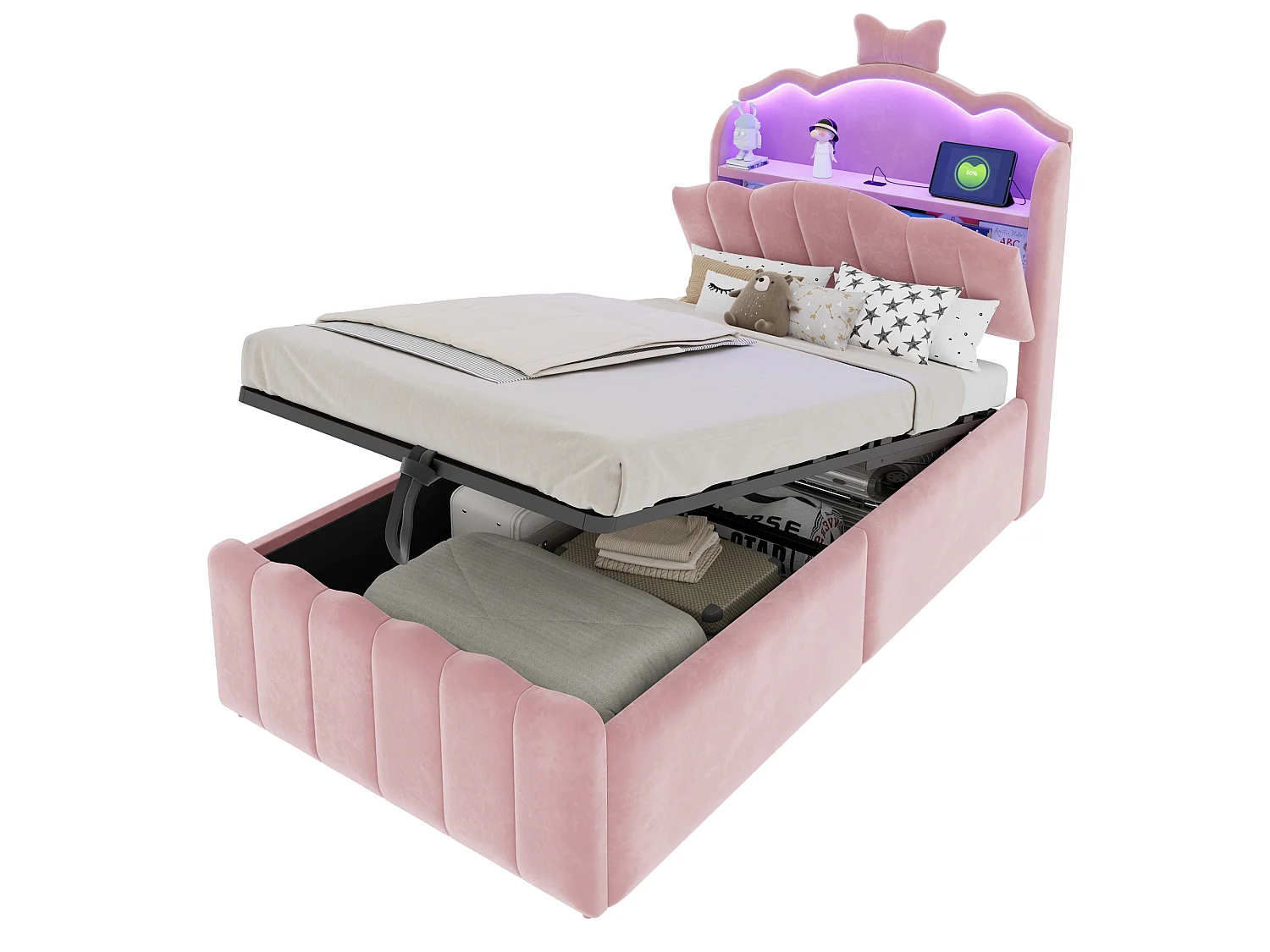 Lit coffre 90 x 200 cm avec tête de lit ouvrante, ports USB & USB-C, LED - Velours + MDF + métal - Rose (Sans matelas)