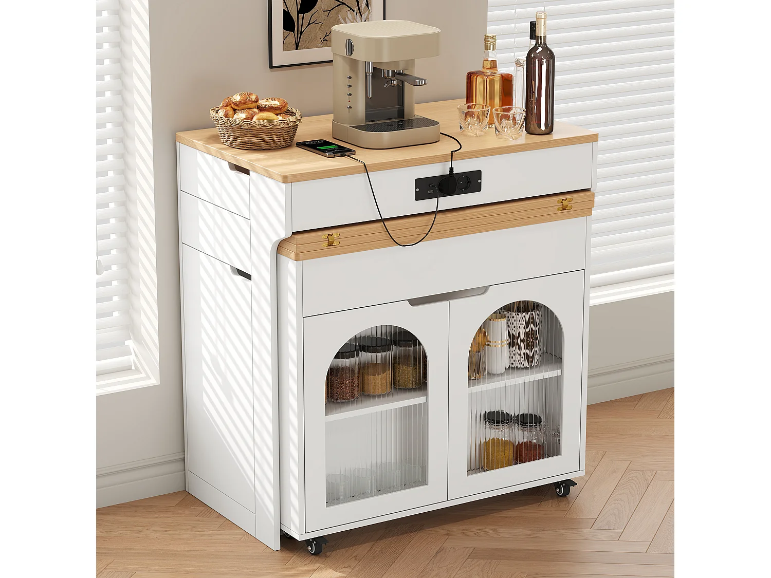 Ausziehbare, mobile Kücheninsel mit Holzoptik-Arbeitsplatte, 3 Türen und 2 Schubladen – Integrierte Steckdosen – 55–153 x 80 x 93 cm – MDF – Weiß