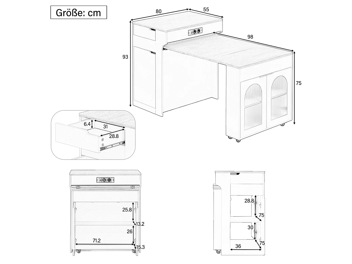 Ausziehbare, mobile Kücheninsel mit Holzoptik-Arbeitsplatte, 3 Türen und 2 Schubladen – Integrierte Steckdosen – 55–153 x 80 x 93 cm – MDF – Weiß