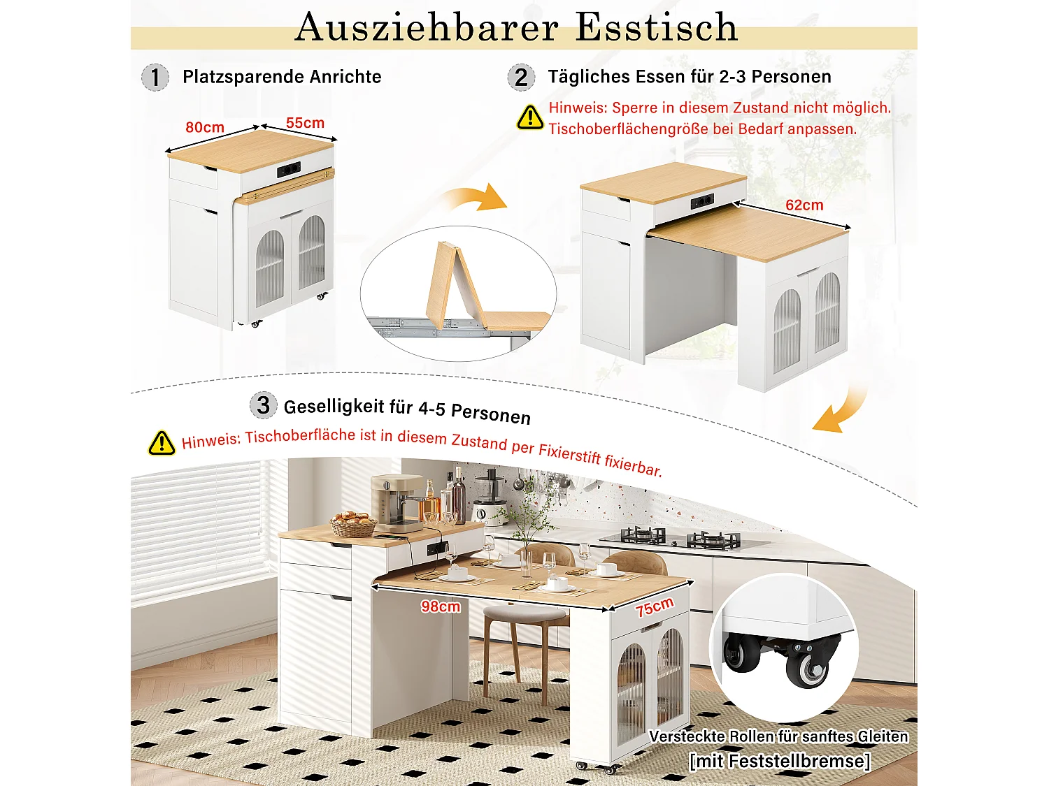 Ausziehbare, mobile Kücheninsel mit Holzoptik-Arbeitsplatte, 3 Türen und 2 Schubladen – Integrierte Steckdosen – 55–153 x 80 x 93 cm – MDF – Weiß
