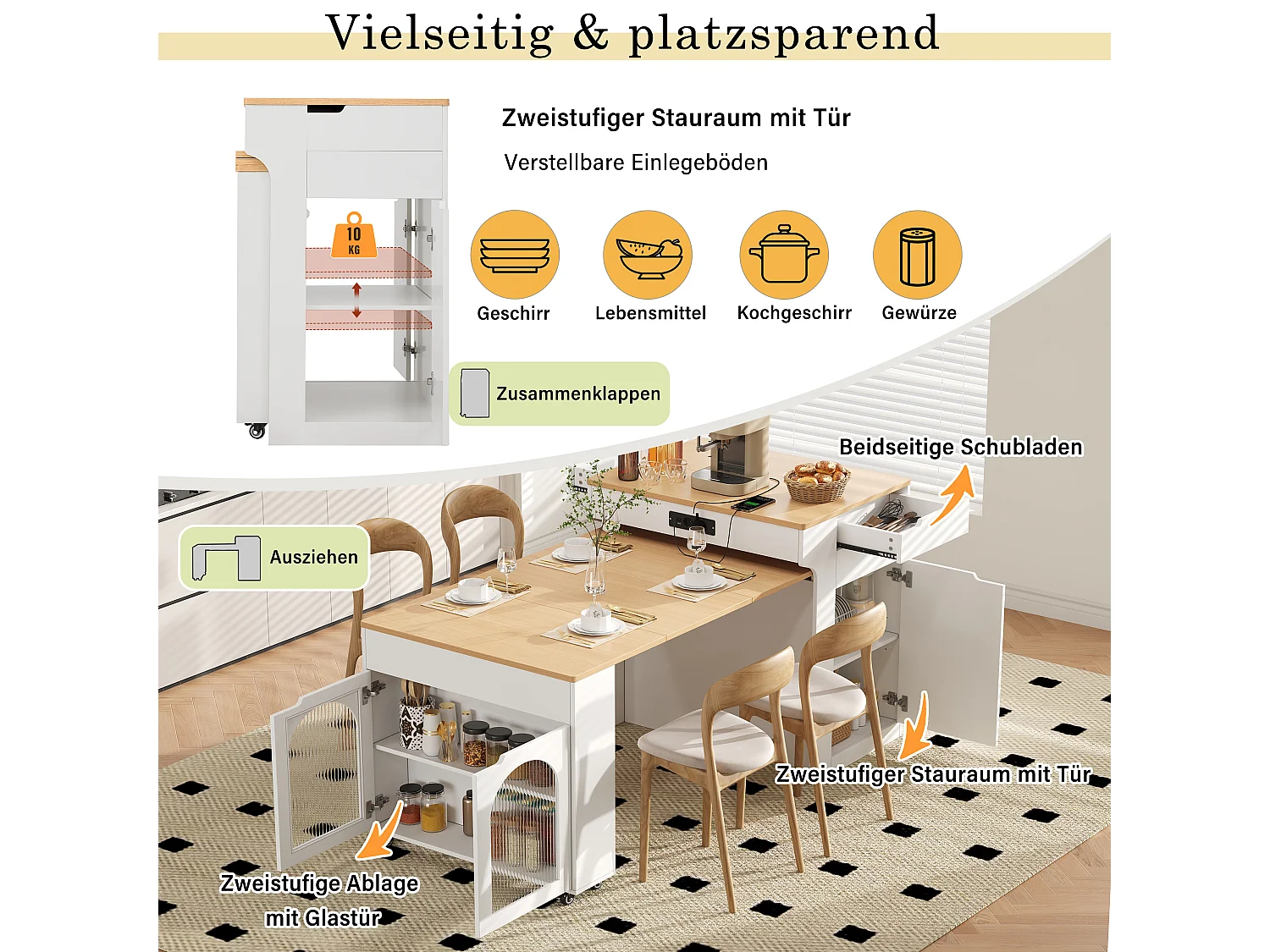 Ausziehbare, mobile Kücheninsel mit Holzoptik-Arbeitsplatte, 3 Türen und 2 Schubladen – Integrierte Steckdosen – 55–153 x 80 x 93 cm – MDF – Weiß