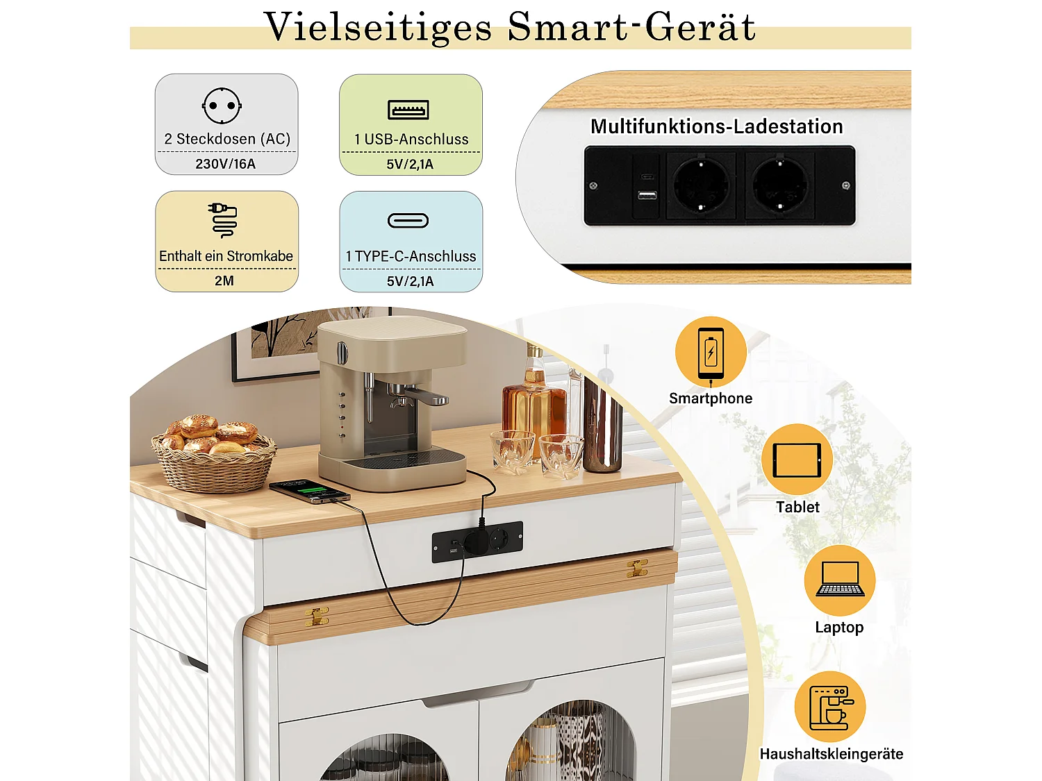 Ausziehbare, mobile Kücheninsel mit Holzoptik-Arbeitsplatte, 3 Türen und 2 Schubladen – Integrierte Steckdosen – 55–153 x 80 x 93 cm – MDF – Weiß