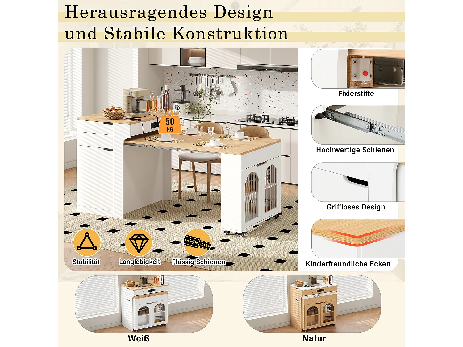 Ausziehbare, mobile Kücheninsel mit Holzoptik-Arbeitsplatte, 3 Türen und 2 Schubladen – Integrierte Steckdosen – 55–153 x 80 x 93 cm – MDF – Weiß