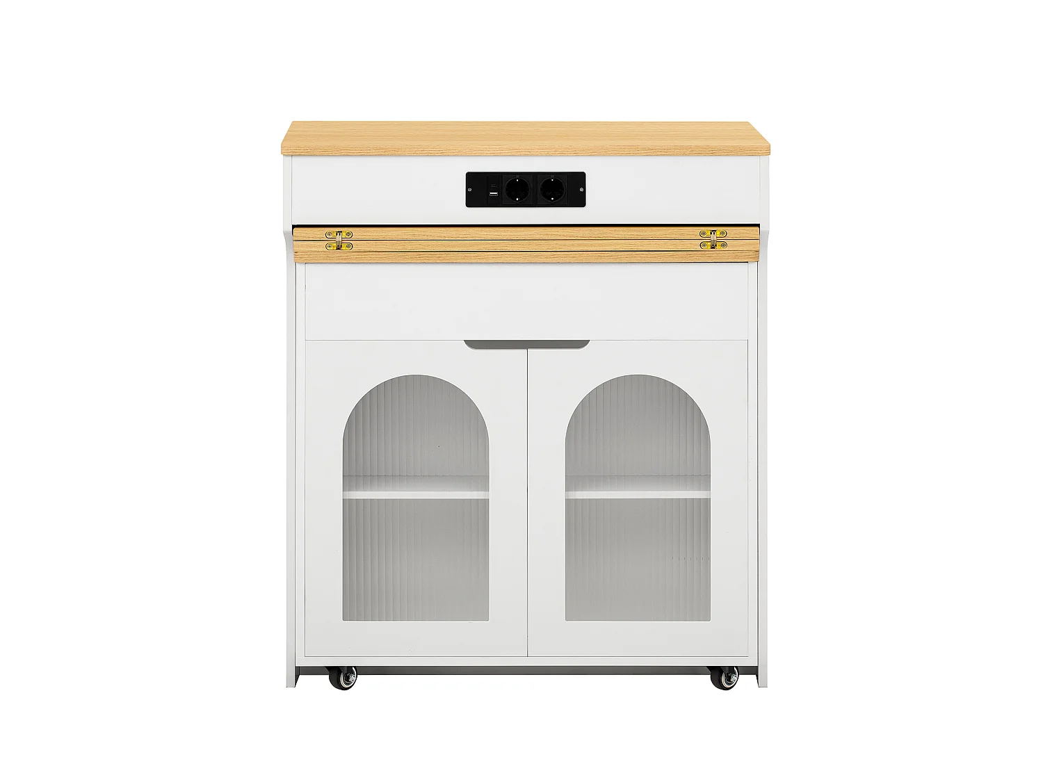 Ausziehbare, mobile Kücheninsel mit Holzoptik-Arbeitsplatte, 3 Türen und 2 Schubladen – Integrierte Steckdosen – 55–153 x 80 x 93 cm – MDF – Weiß