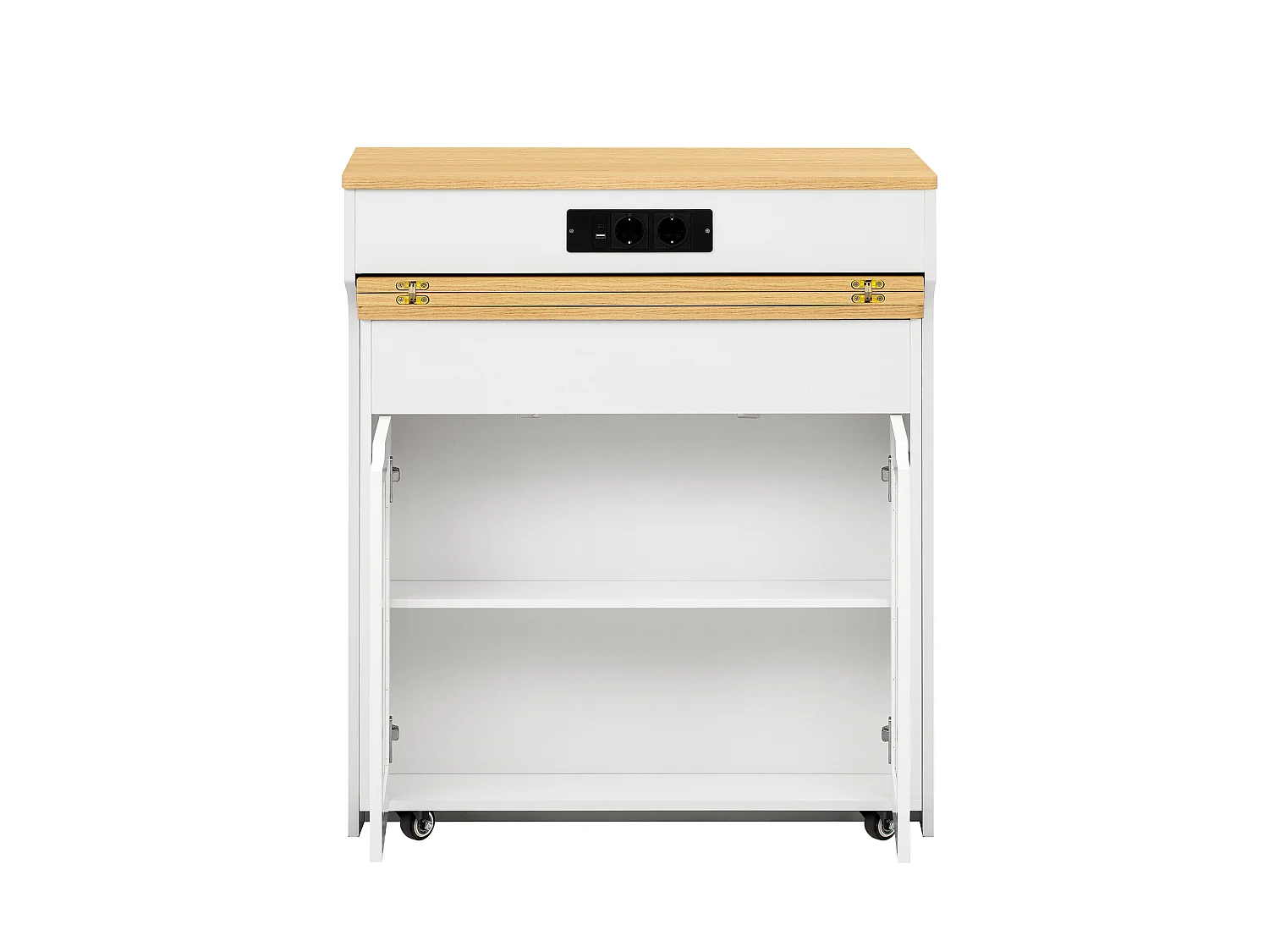 Ausziehbare, mobile Kücheninsel mit Holzoptik-Arbeitsplatte, 3 Türen und 2 Schubladen – Integrierte Steckdosen – 55–153 x 80 x 93 cm – MDF – Weiß