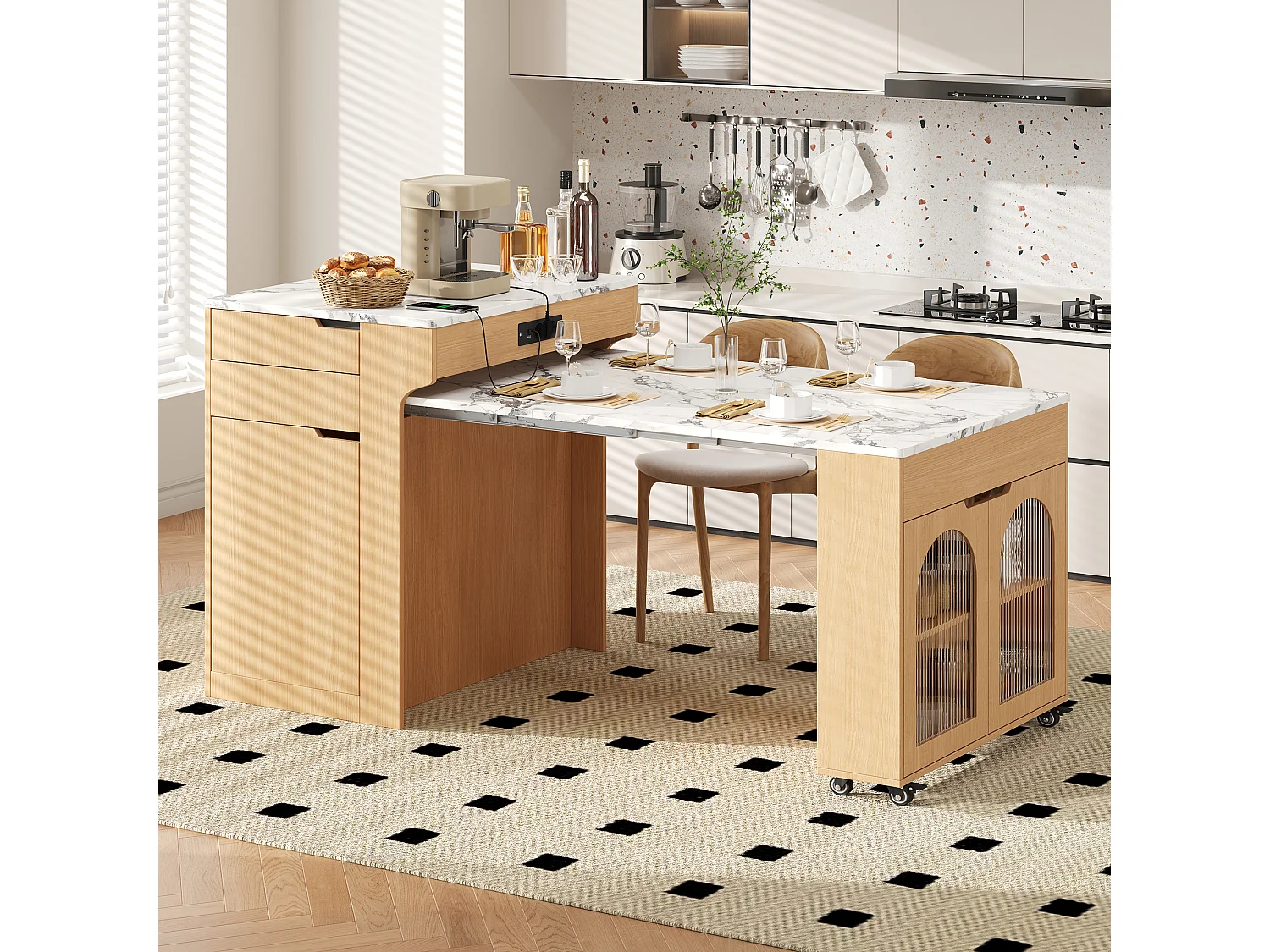 Îlot de central cuisine mobile extensible avec plateau effet marbre, 3 portes et 2 tiroirs - Prises intégrées – 55–153 x 80 x 93 cm – MDF – Naturel
