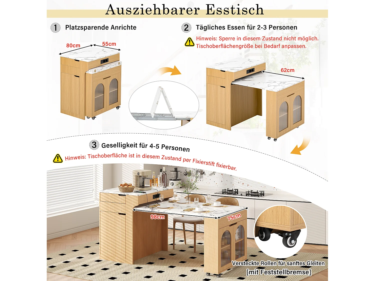 Îlot de central cuisine mobile extensible avec plateau effet marbre, 3 portes et 2 tiroirs - Prises intégrées – 55–153 x 80 x 93 cm – MDF – Naturel