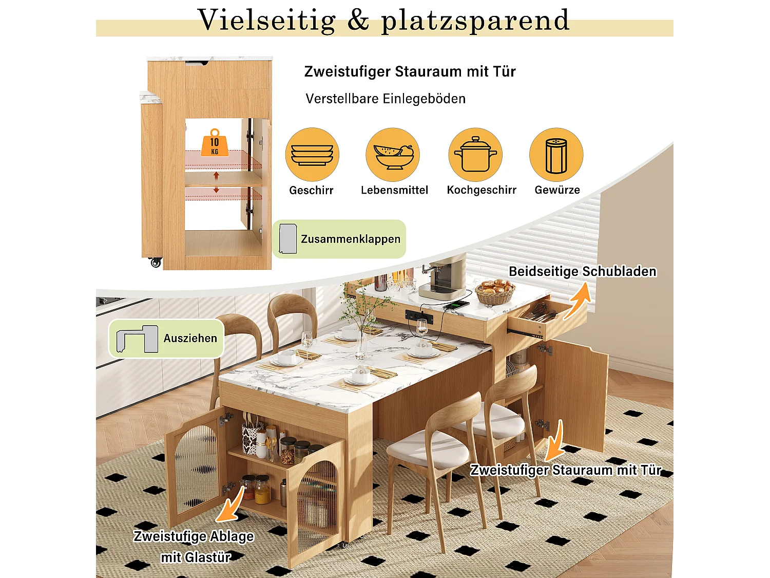 Îlot de central cuisine mobile extensible avec plateau effet marbre, 3 portes et 2 tiroirs - Prises intégrées – 55–153 x 80 x 93 cm – MDF – Naturel