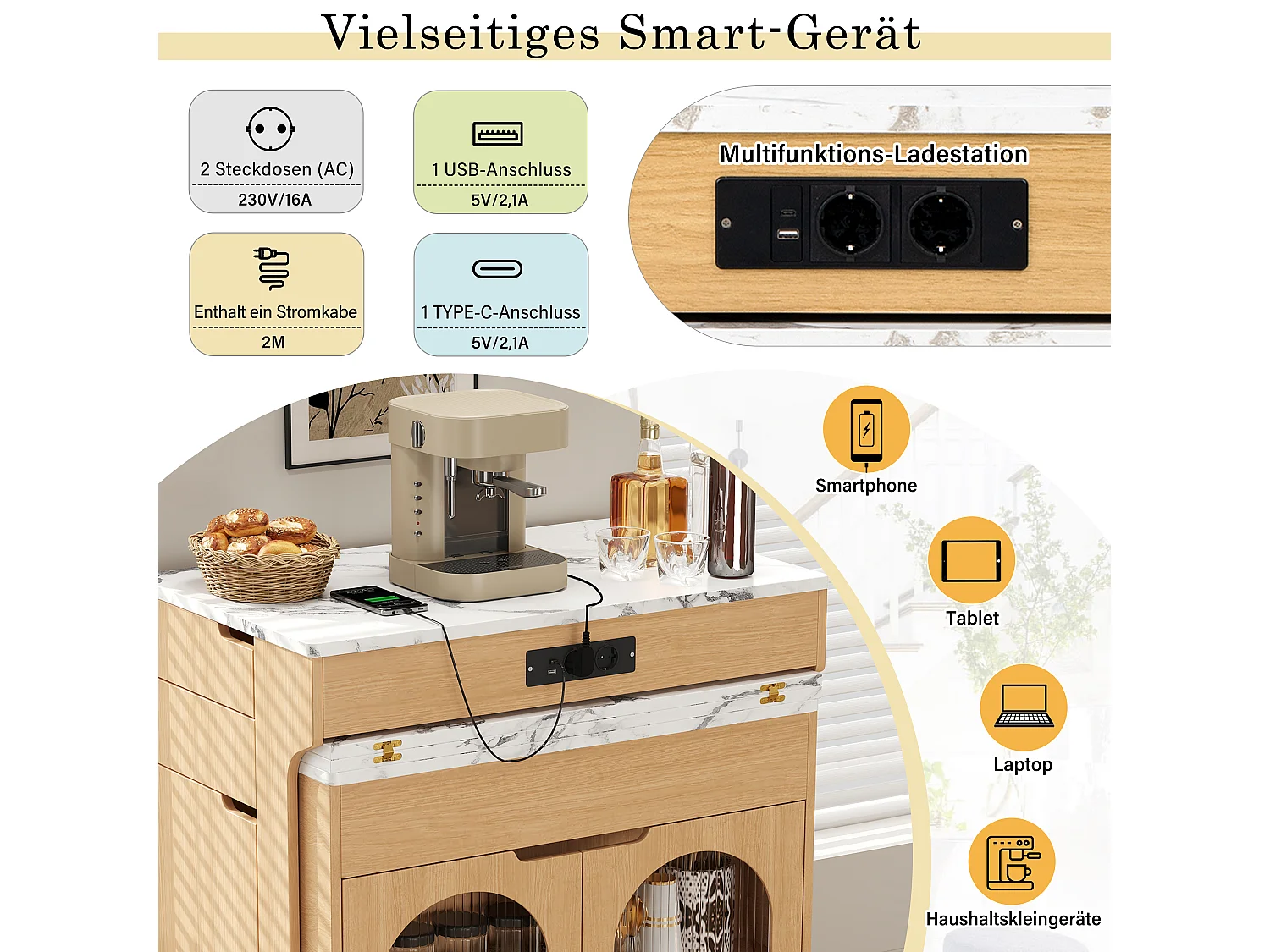 Îlot de central cuisine mobile extensible avec plateau effet marbre, 3 portes et 2 tiroirs - Prises intégrées – 55–153 x 80 x 93 cm – MDF – Naturel