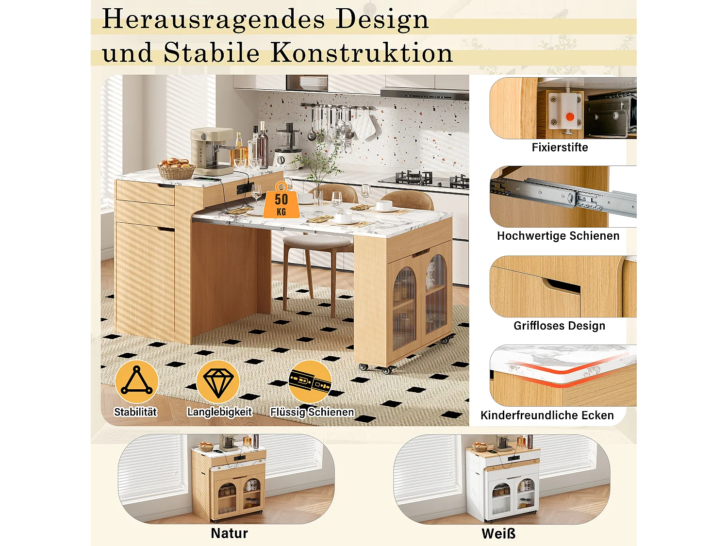 Îlot de central cuisine mobile extensible avec plateau effet marbre, 3 portes et 2 tiroirs - Prises intégrées – 55–153 x 80 x 93 cm – MDF – Naturel