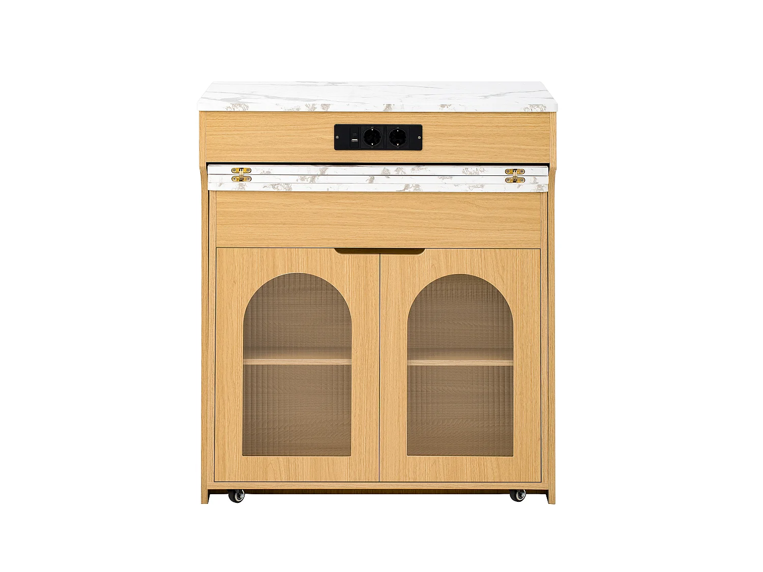 Îlot de central cuisine mobile extensible avec plateau effet marbre, 3 portes et 2 tiroirs - Prises intégrées – 55–153 x 80 x 93 cm – MDF – Naturel