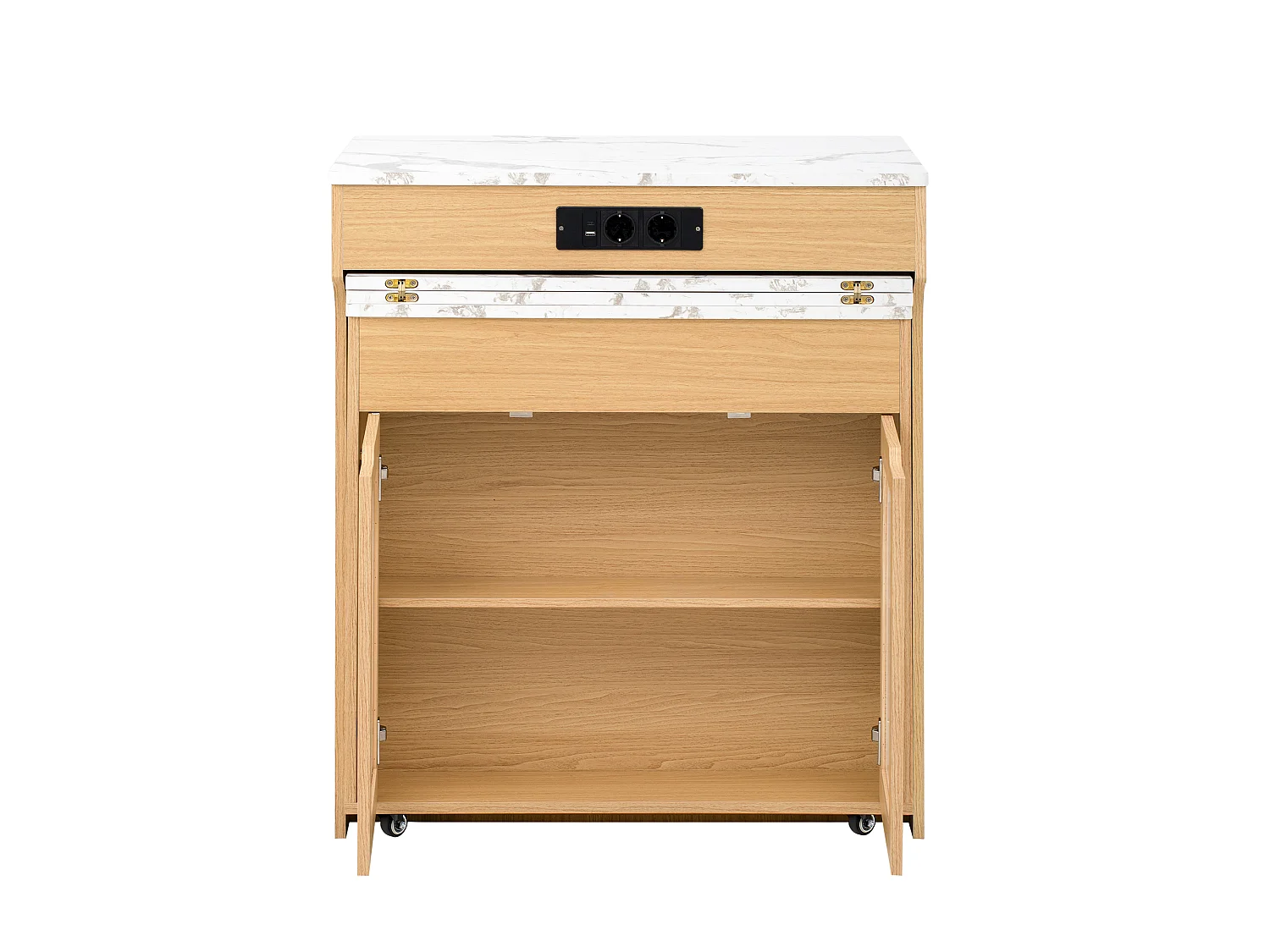 Îlot de central cuisine mobile extensible avec plateau effet marbre, 3 portes et 2 tiroirs - Prises intégrées – 55–153 x 80 x 93 cm – MDF – Naturel