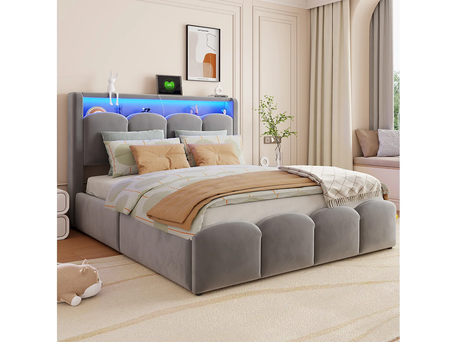 140 x 200 cm Bett mit Stauraum, Kopfteil, USB- und Typ-C-Anschlüssen sowie LED-Beleuchtung - Samt - Grau (Matratze nicht im Lieferumfang enthalten)