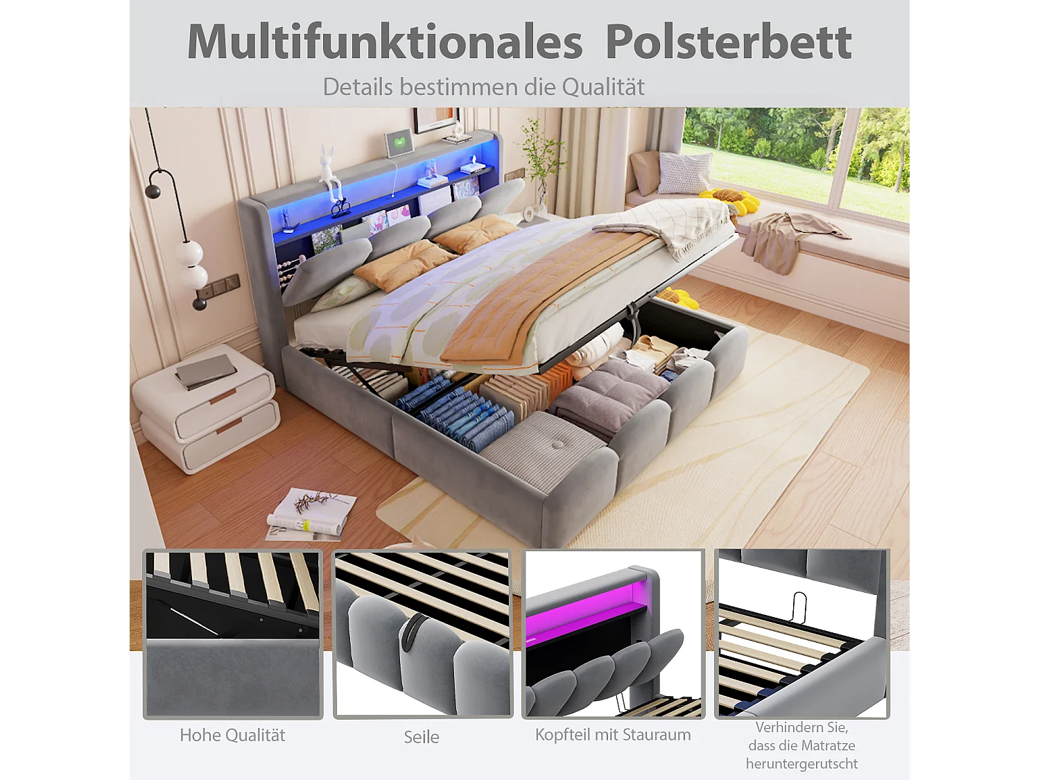 140 x 200 cm Bett mit Stauraum, Kopfteil, USB- und Typ-C-Anschlüssen sowie LED-Beleuchtung - Samt - Grau (Matratze nicht im Lieferumfang enthalten)