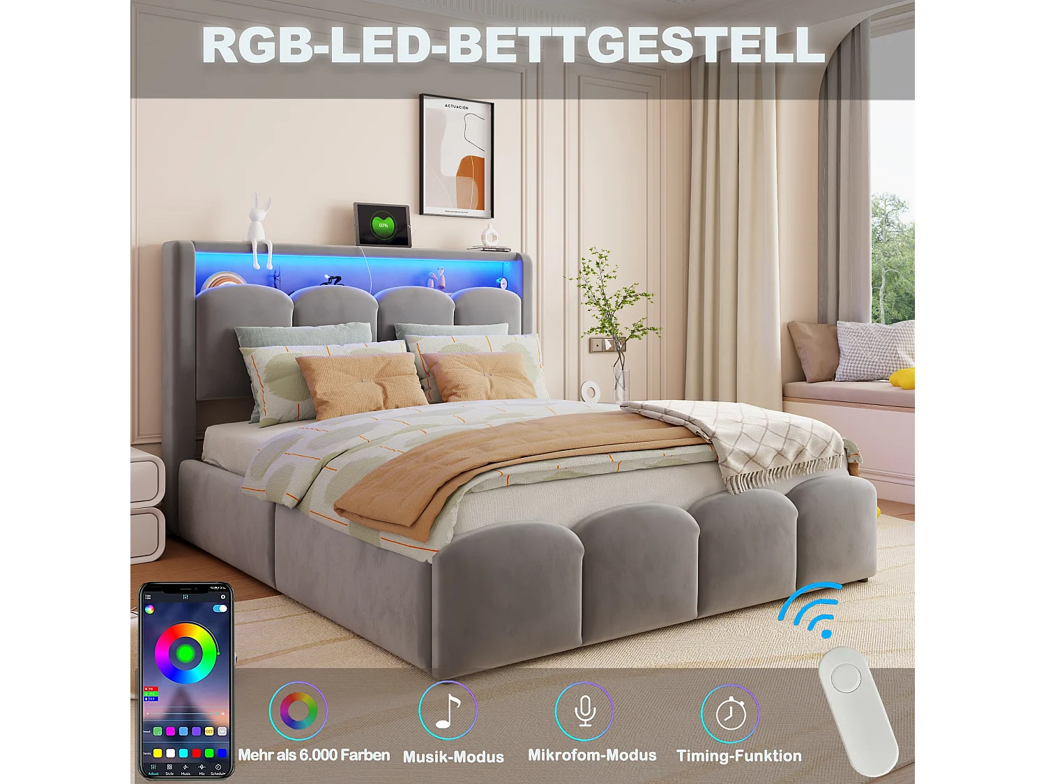 140 x 200 cm Bett mit Stauraum, Kopfteil, USB- und Typ-C-Anschlüssen sowie LED-Beleuchtung - Samt - Grau (Matratze nicht im Lieferumfang enthalten)