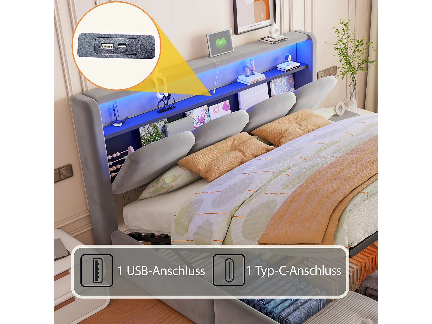 140 x 200 cm Bett mit Stauraum, Kopfteil, USB- und Typ-C-Anschlüssen sowie LED-Beleuchtung - Samt - Grau (Matratze nicht im Lieferumfang enthalten)
