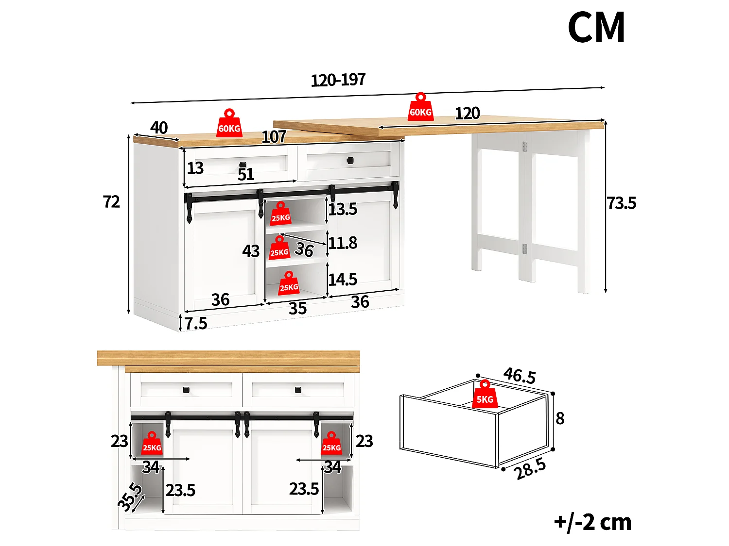 Kücheninsel mit 2 Schiebetüren, 2 Schubladen und verstellbaren Einlegeböden – 360° drehbar und mit flacher Arbeitsfläche – MDF/Metall – Weiß