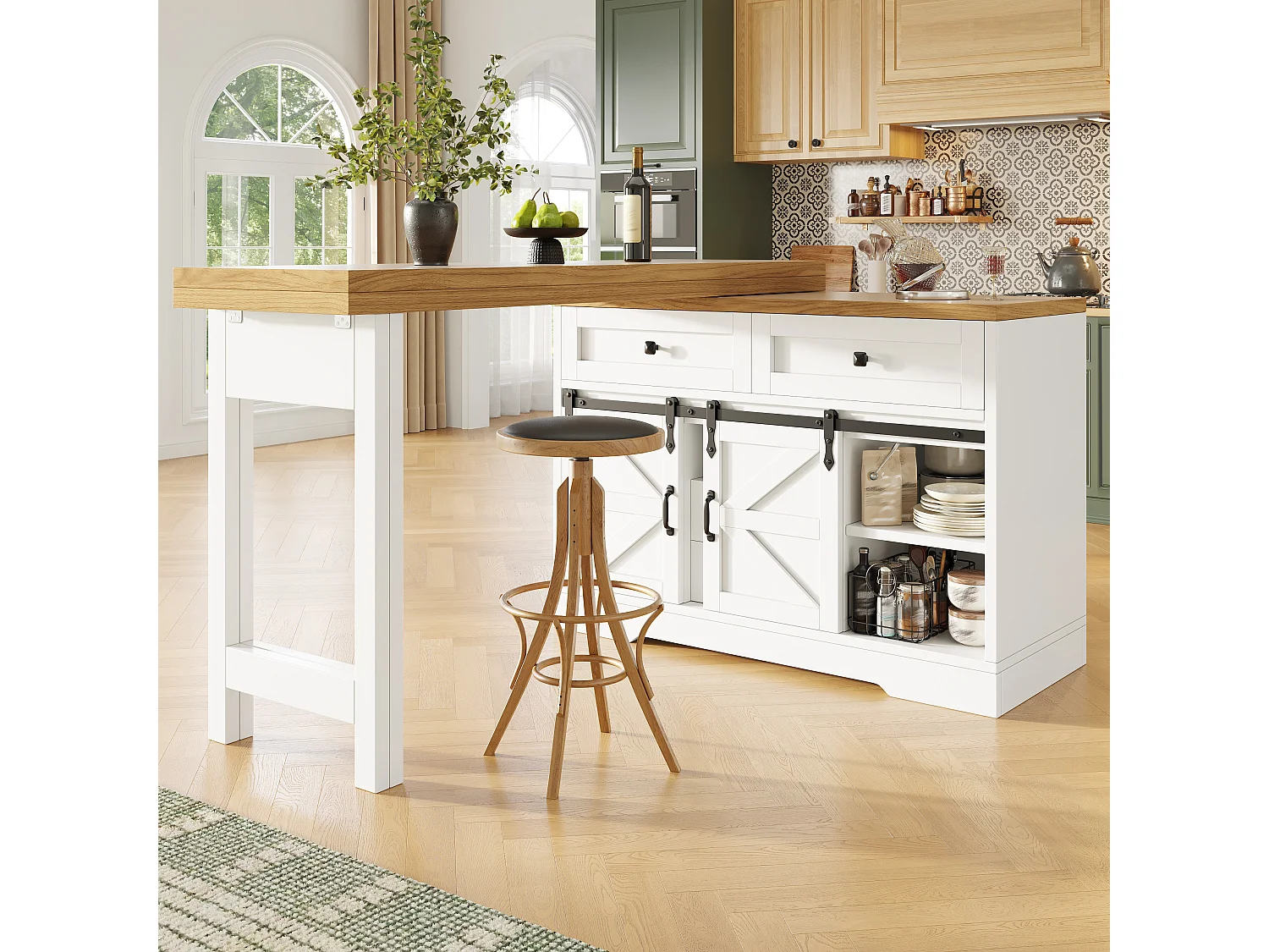 Multifunktionel køkkenø - 360° drejelig og foldbar top - 2 skuffer og 2 døre - 120-197 x 40 x 72 cm - MDF - Hvid