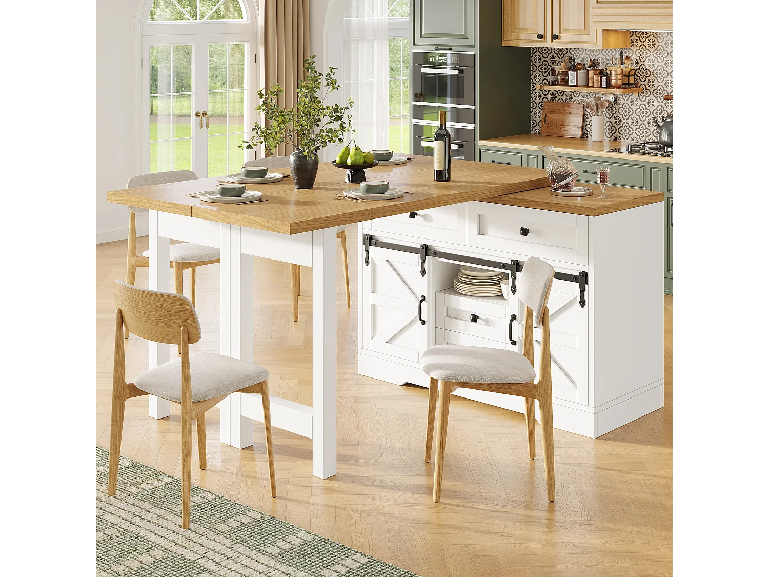 Multifunktionel køkkenø - 360° drejelig og foldbar top - 2 skuffer og 2 døre - 120-197 x 40 x 72 cm - MDF - Hvid