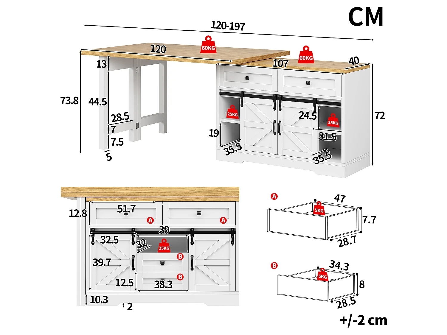 Multifunktionel køkkenø - 360° drejelig og foldbar top - 2 skuffer og 2 døre - 120-197 x 40 x 72 cm - MDF - Hvid