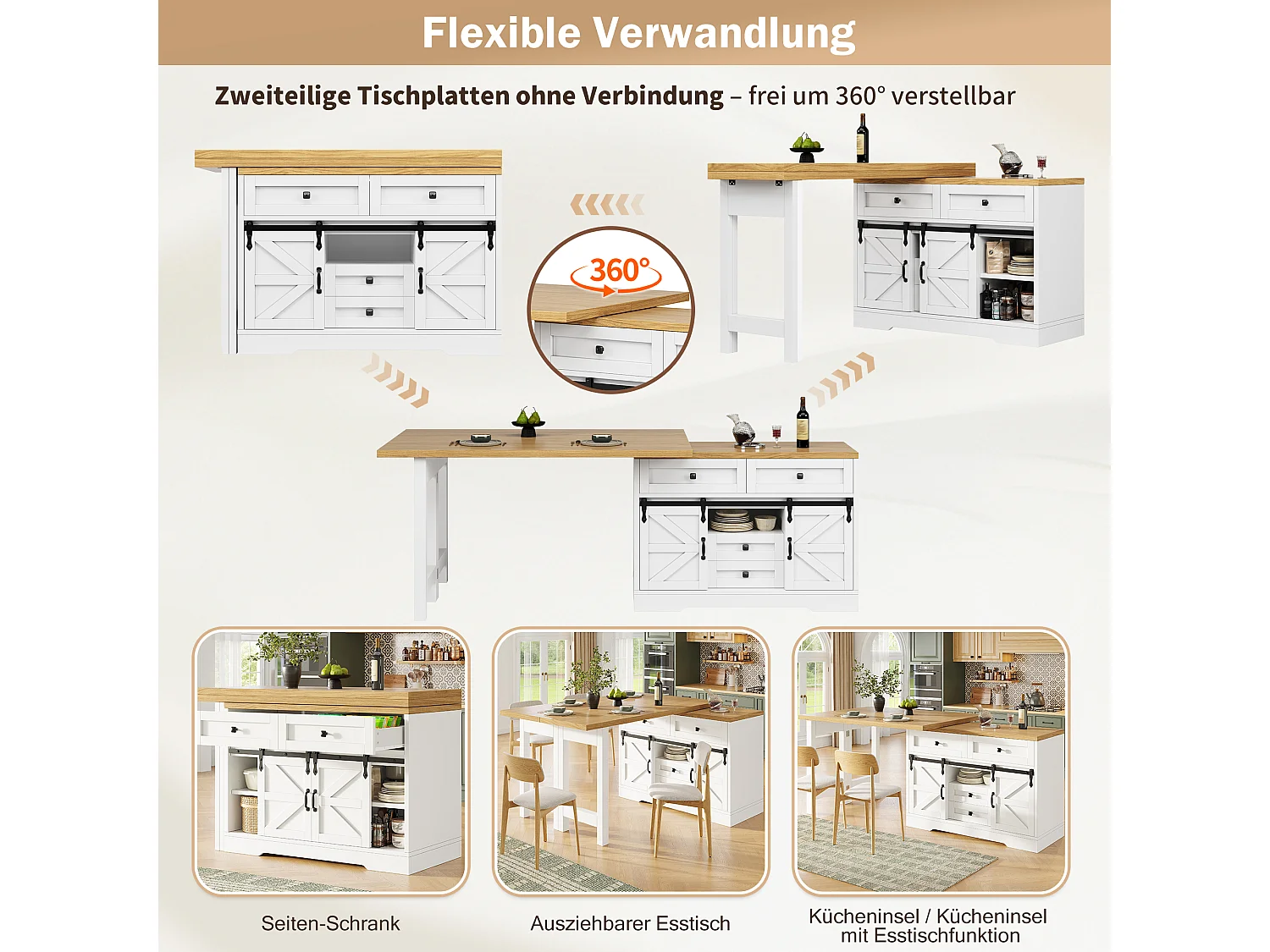 Multifunktionel køkkenø - 360° drejelig og foldbar top - 2 skuffer og 2 døre - 120-197 x 40 x 72 cm - MDF - Hvid