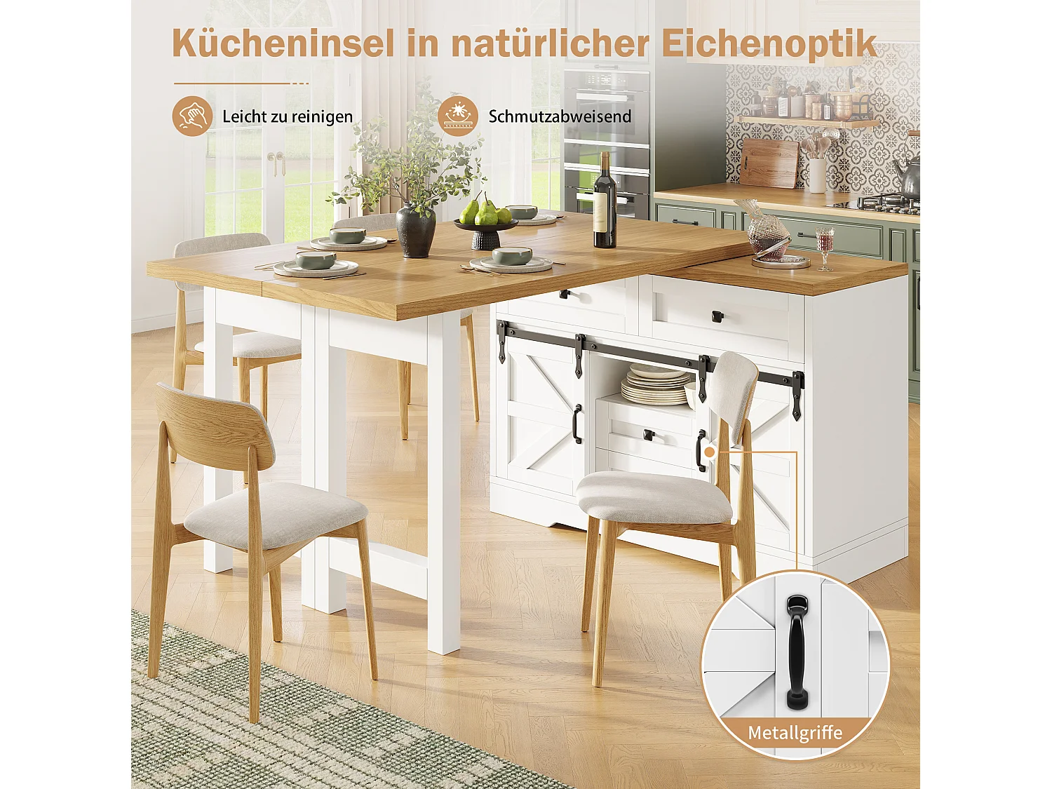 Multifunktionel køkkenø - 360° drejelig og foldbar top - 2 skuffer og 2 døre - 120-197 x 40 x 72 cm - MDF - Hvid