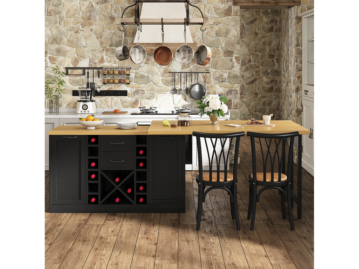 Kücheninsel – 2 Schubladen, 2 Türen, Weinregal, Mülleimerhalterung und Ablagen – 120–223 × 40 × 73,8 cm – MDF/Metall – Schwarz