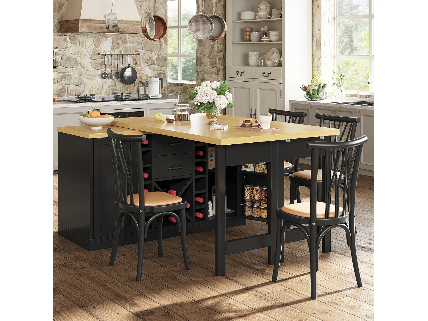 Kücheninsel – 2 Schubladen, 2 Türen, Weinregal, Mülleimerhalterung und Ablagen – 120–223 × 40 × 73,8 cm – MDF/Metall – Schwarz