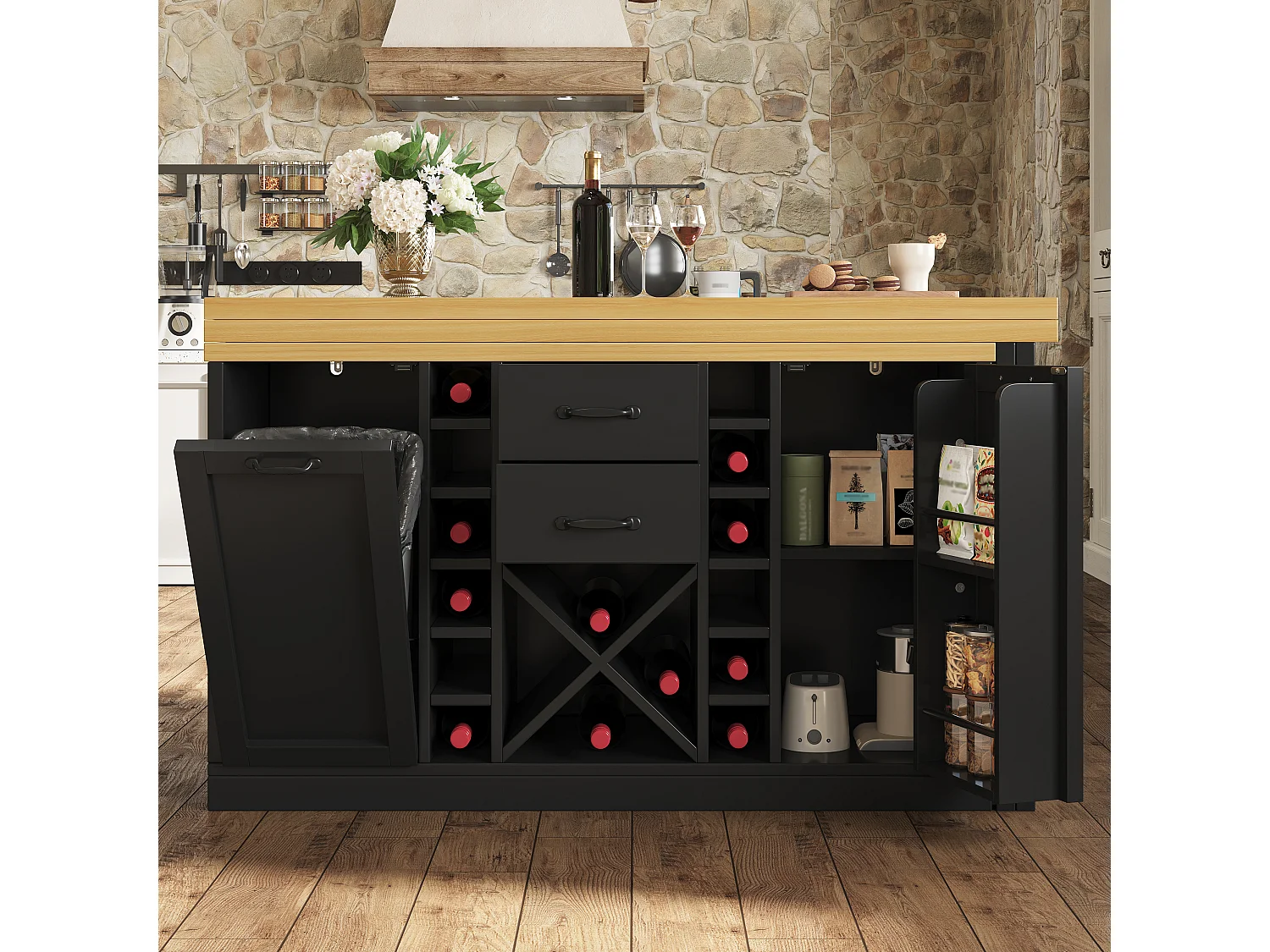 Kücheninsel – 2 Schubladen, 2 Türen, Weinregal, Mülleimerhalterung und Ablagen – 120–223 × 40 × 73,8 cm – MDF/Metall – Schwarz