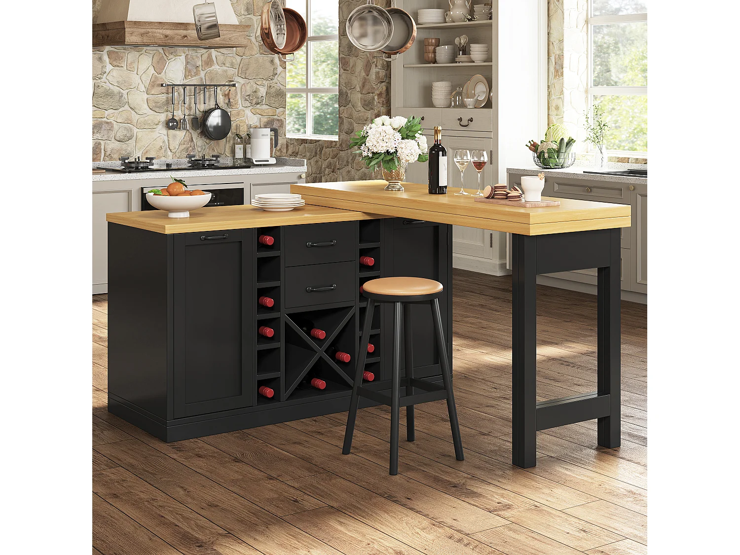 Kücheninsel – 2 Schubladen, 2 Türen, Weinregal, Mülleimerhalterung und Ablagen – 120–223 × 40 × 73,8 cm – MDF/Metall – Schwarz