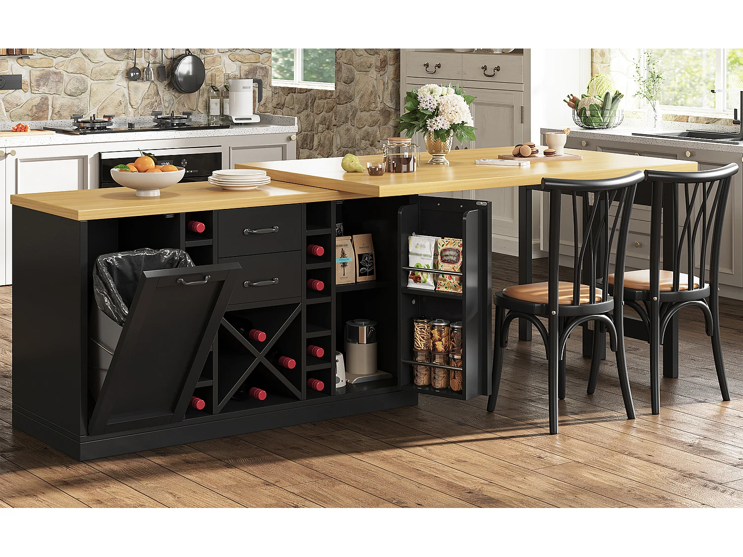 Kücheninsel – 2 Schubladen, 2 Türen, Weinregal, Mülleimerhalterung und Ablagen – 120–223 × 40 × 73,8 cm – MDF/Metall – Schwarz