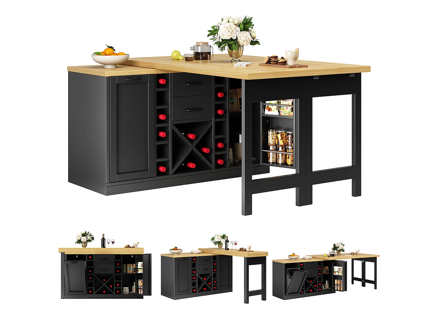 Kücheninsel – 2 Schubladen, 2 Türen, Weinregal, Mülleimerhalterung und Ablagen – 120–223 × 40 × 73,8 cm – MDF/Metall – Schwarz