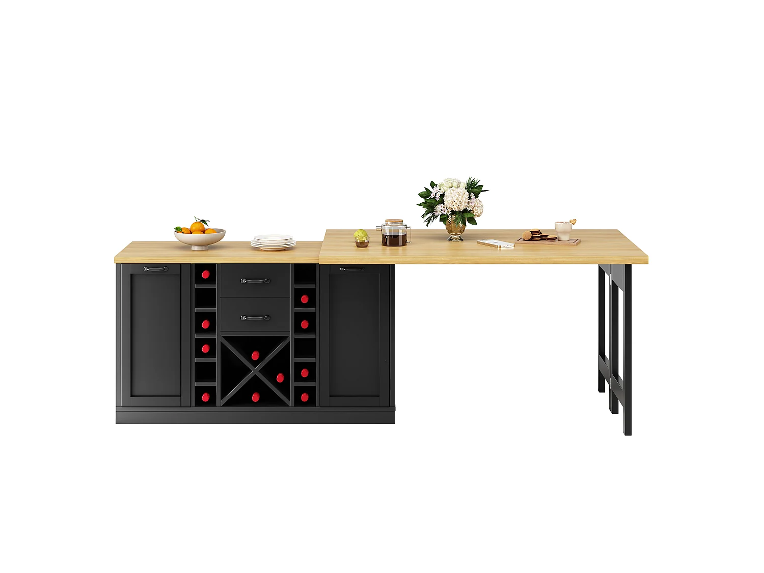 Kücheninsel – 2 Schubladen, 2 Türen, Weinregal, Mülleimerhalterung und Ablagen – 120–223 × 40 × 73,8 cm – MDF/Metall – Schwarz