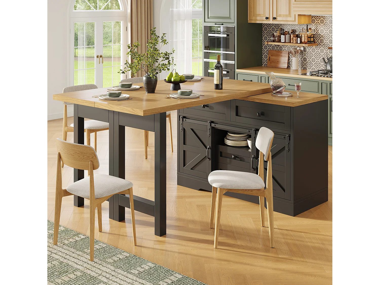 Multifunktionel køkkenø - 360° drejelig og foldbar top - 2 skuffer og 2 døre - 120-197 x 40 x 72 cm - MDF - Sort