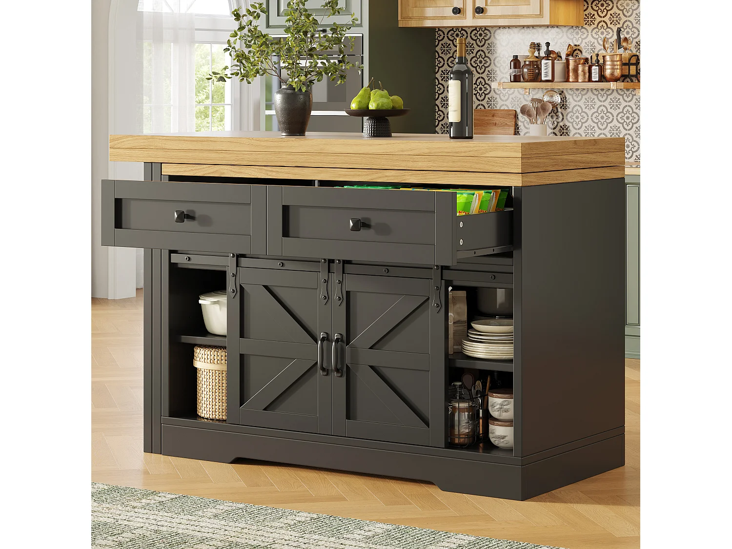 Multifunktionel køkkenø - 360° drejelig og foldbar top - 2 skuffer og 2 døre - 120-197 x 40 x 72 cm - MDF - Sort