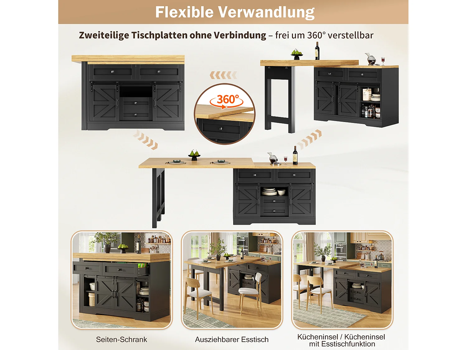 Multifunktionel køkkenø - 360° drejelig og foldbar top - 2 skuffer og 2 døre - 120-197 x 40 x 72 cm - MDF - Sort