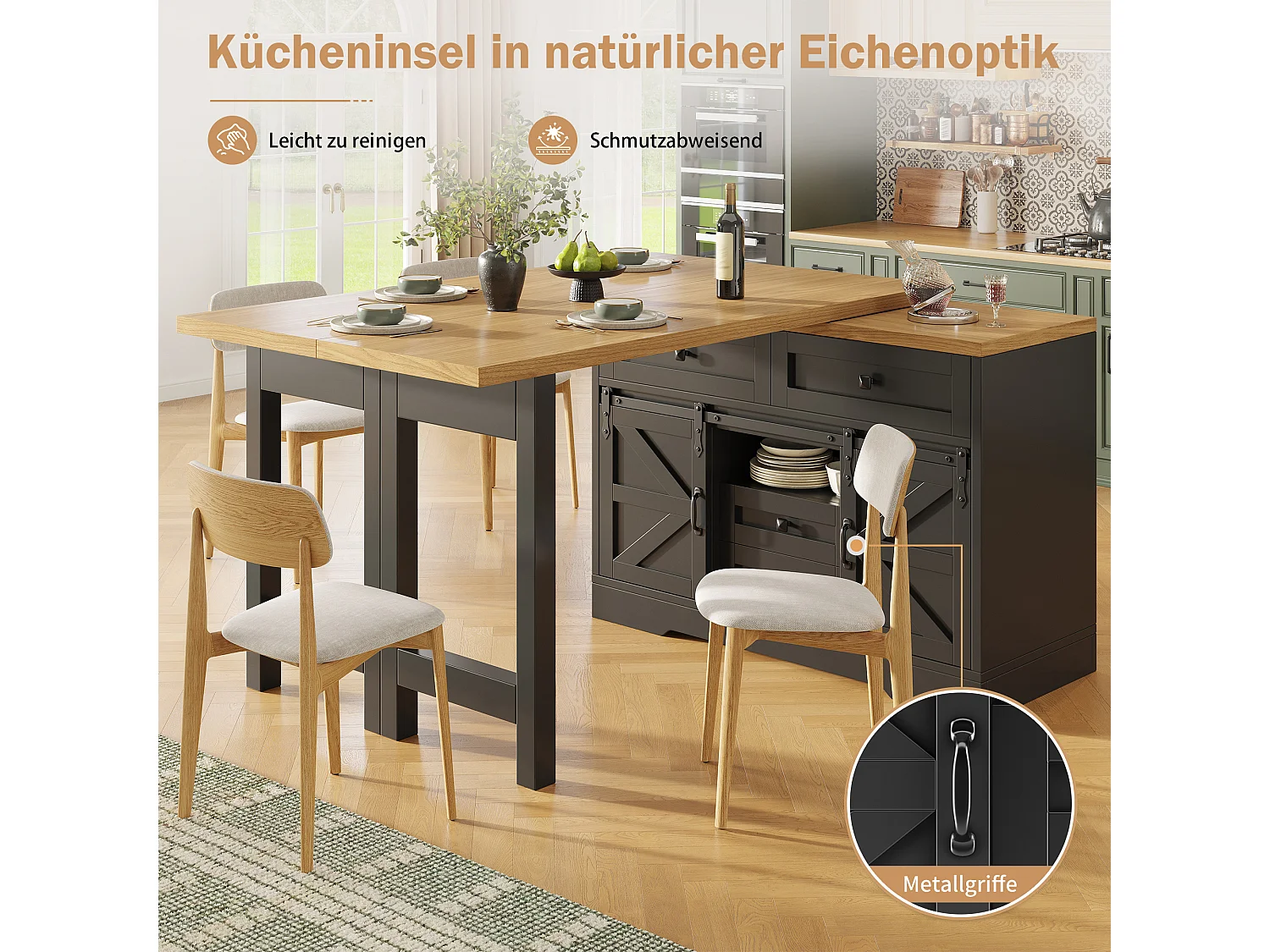 Multifunktionel køkkenø - 360° drejelig og foldbar top - 2 skuffer og 2 døre - 120-197 x 40 x 72 cm - MDF - Sort