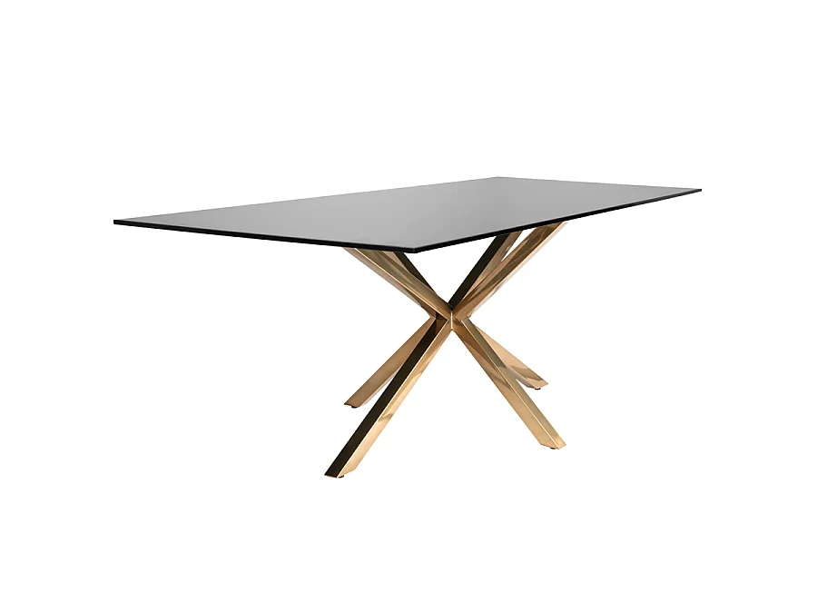 Aster Brass Dining Table - Rectangular 200x100x76 cm, Toughened Black Glass Top, Electroplated Brass Steel Legs